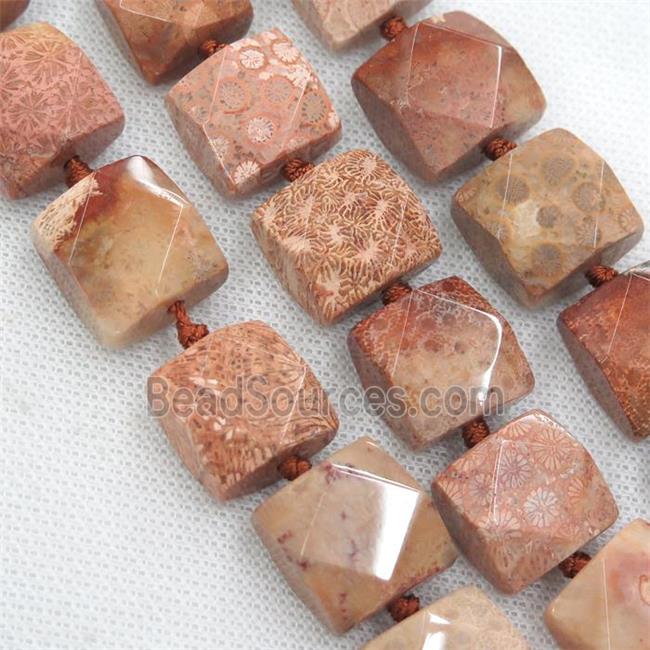 peach Coral Fossil beads, faceted square