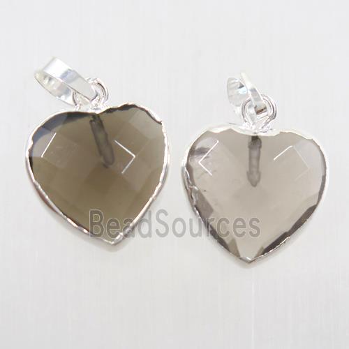 Smoky Quartz heart pendant, silver plated