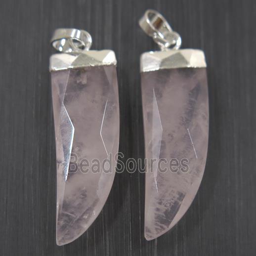 Rose Quartz horn pendant, pink, silver plated