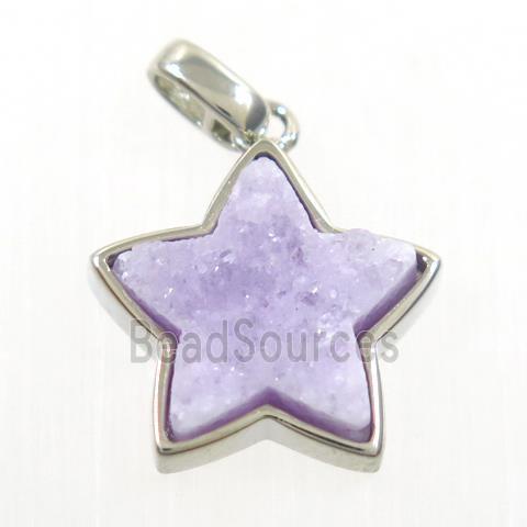 purple druzy quartz pendant, star, platinum plated