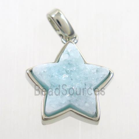 druzy quartz pendant, star, platinum plated