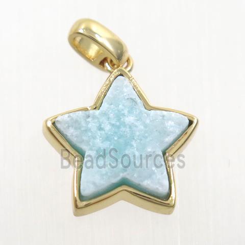 aqua druzy quartz pendant, star, gold plated