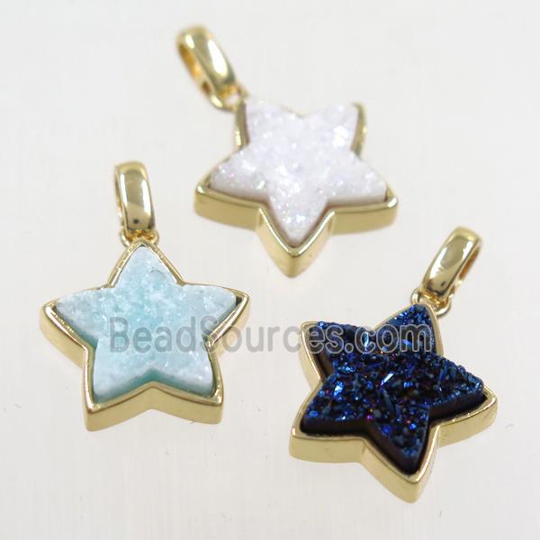 druzy quartz star pendant, mix color, gold plated