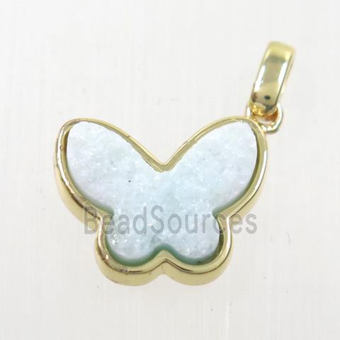 aqua druzy quartz pendant, butterfly, gold plated