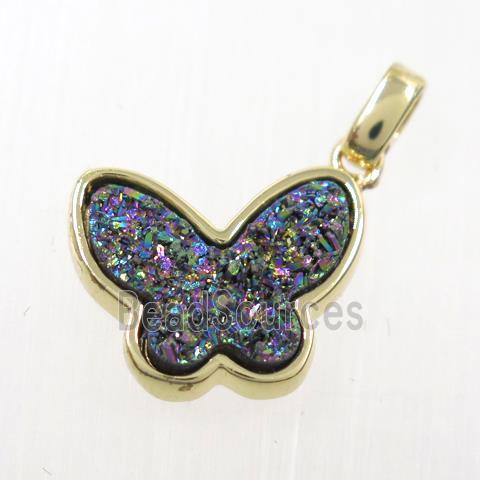 rainbow druzy quartz pendant, butterfly, gold plated