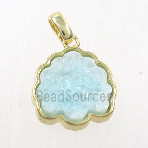 aqua druzy quartz pendant, strawberry, gold plated