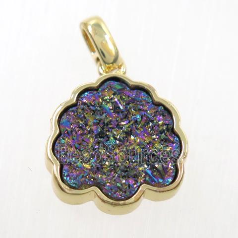 rainbow druzy quartz pendant, strawberry, gold plated