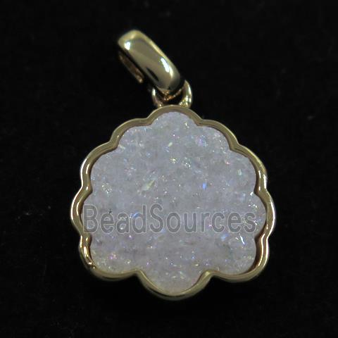 white AB-color druzy quartz pendant, strawberry, gold plated