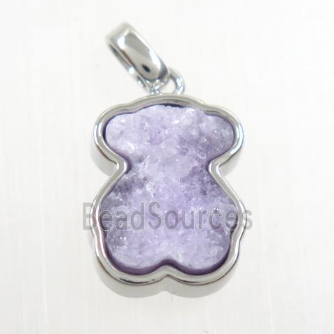 purple druzy quartz pendant, bear, platinum plated