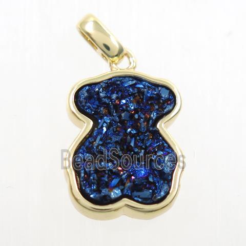 blue electroplated druzy quartz pendant, bear, gold plated