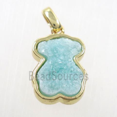 aqua druzy quartz pendant, bear, gold plated