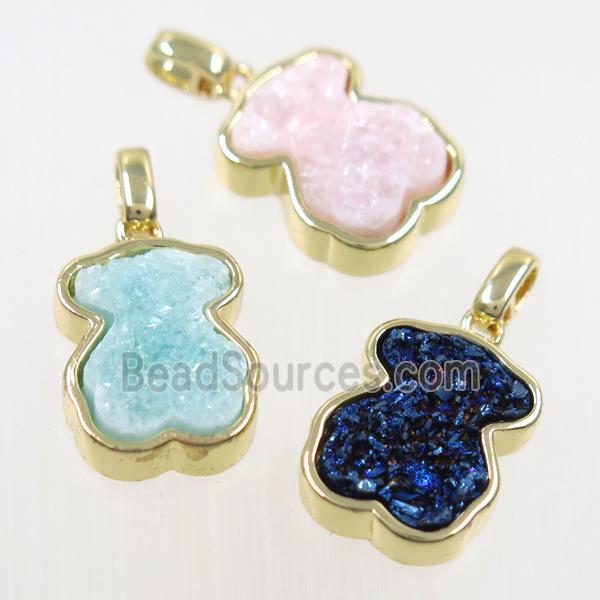 druzy quartz bear pendant, mix color, gold plated