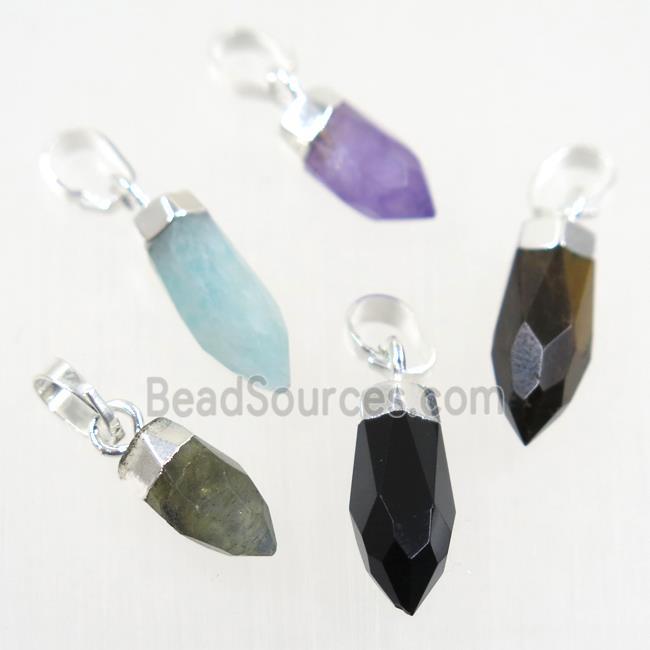 mix gemstone pendant, faceted bullet, silver plated