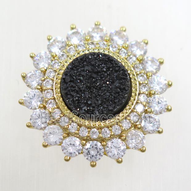 black Druzy Quartz SunFlower beads pave zircon, gold plated