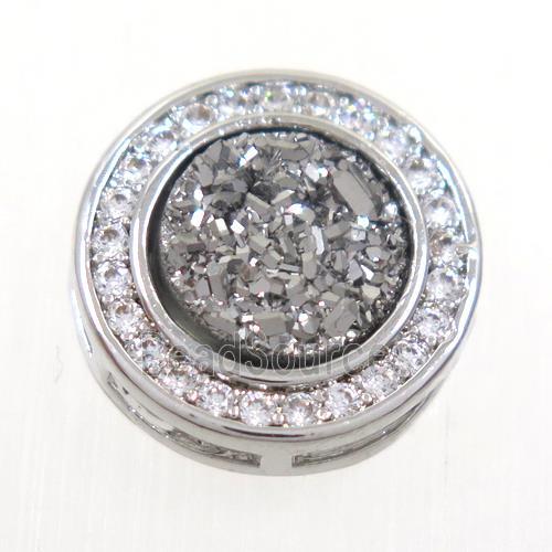 silver Druzy Quartz beads pave zircon, flat-round, platinum plated