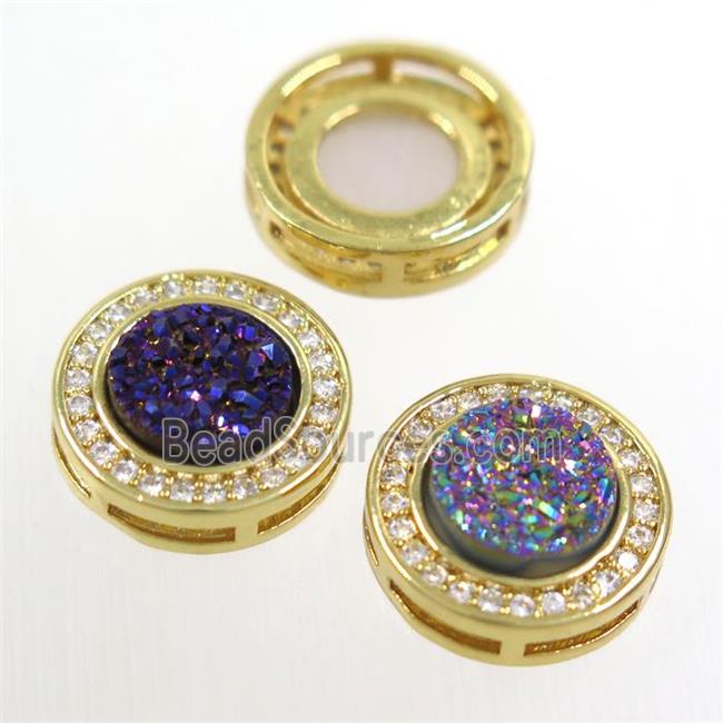 mix color Druzy Quartz beads pave zircon, flat-round, gold plated