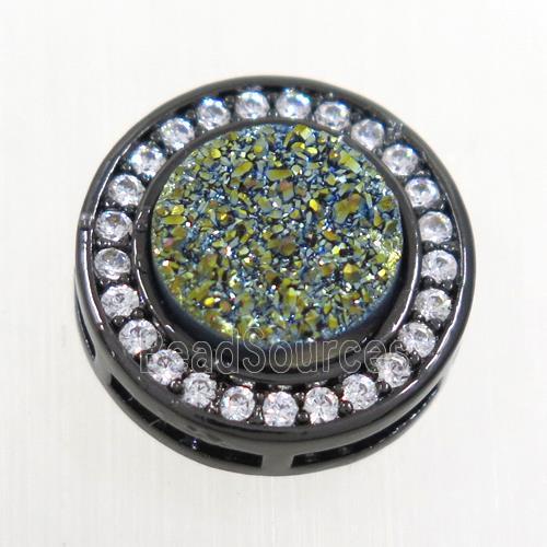 green Druzy Quartz beads pave zircon, flat-round, black plated