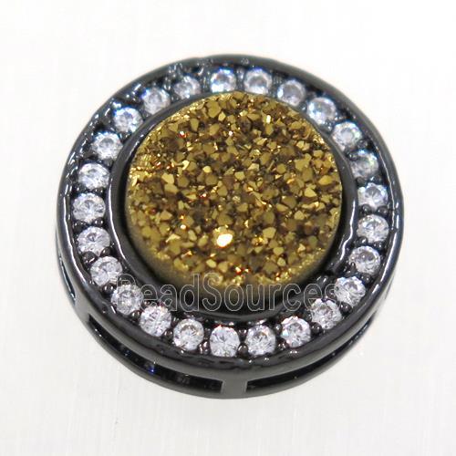 gold Druzy Quartz beads pave zircon, flat-round, black plated