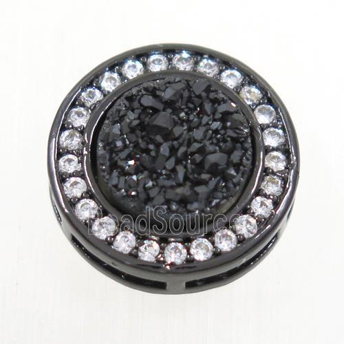 black Druzy Quartz beads pave zircon, flat-round, black plated