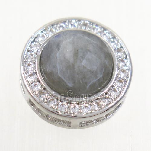 Labradorite beads pave zircon, flat-round, platinum plated