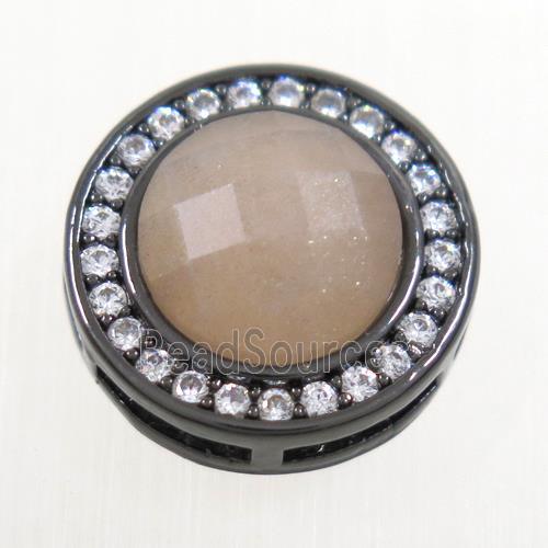 peach MoonStone beads pave zircon, flat-round, black plated