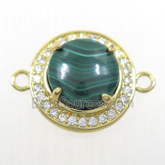 green Malachite connector pave zircon, flat round, gold plated