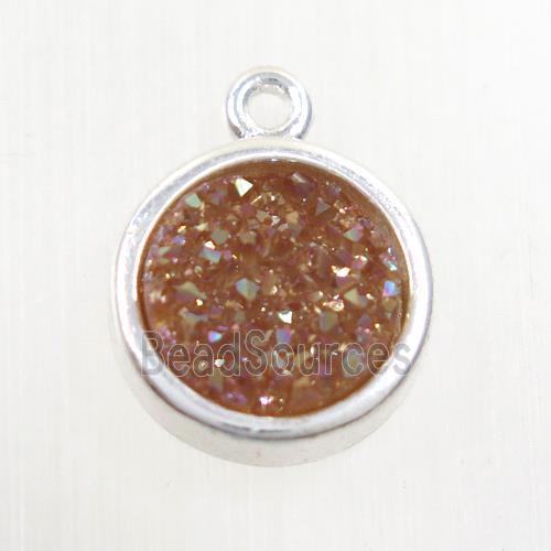 golden champagne Druzy agate pendant, flat-round, platinum plated