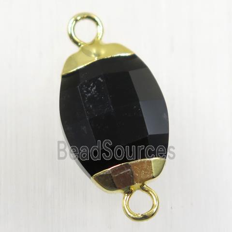 black Onyx Agate connector, faceted oval, gold plated