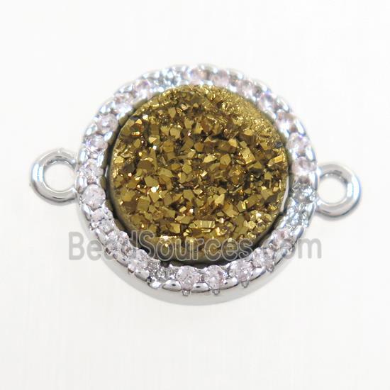 gold Druzy Quartz connector paved zircon, circle, platinum plated