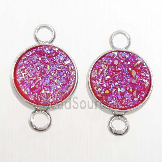 hotpink Druzy Resin connector, circle, platinum plated