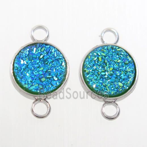 aqua Druzy Resin connector, circle, platinum plated