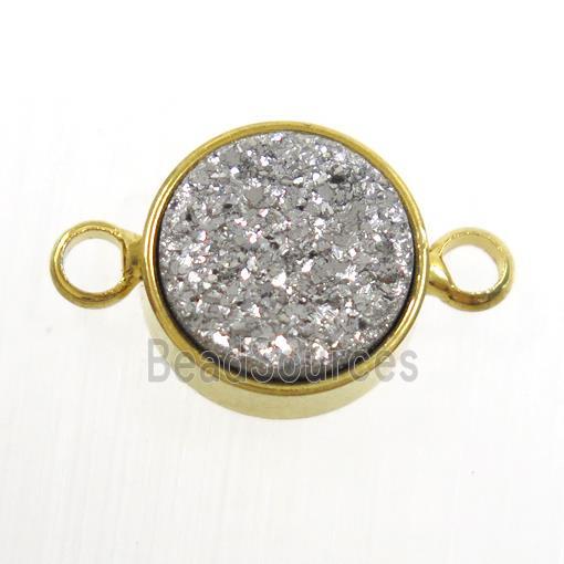 silver Druzy Resin connector, circle, gold plated