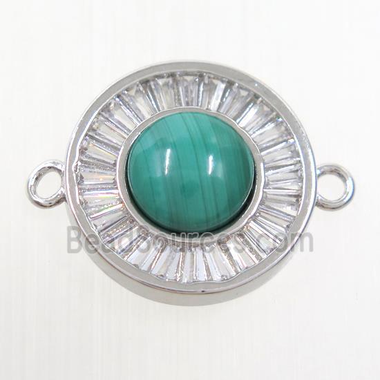 green Malachite circle connector pave zircon, brass, platinum plated