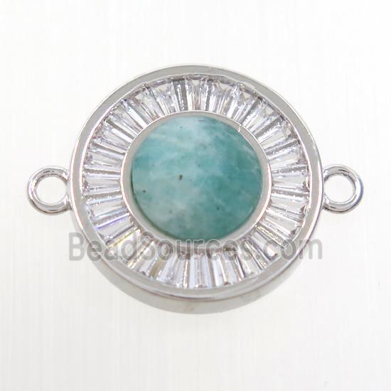 green Amazonite circle connector pave zircon, brass, platinum plated