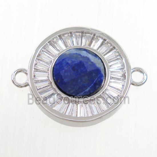 blue Lapis circle connector pave zircon, brass, platinum plated