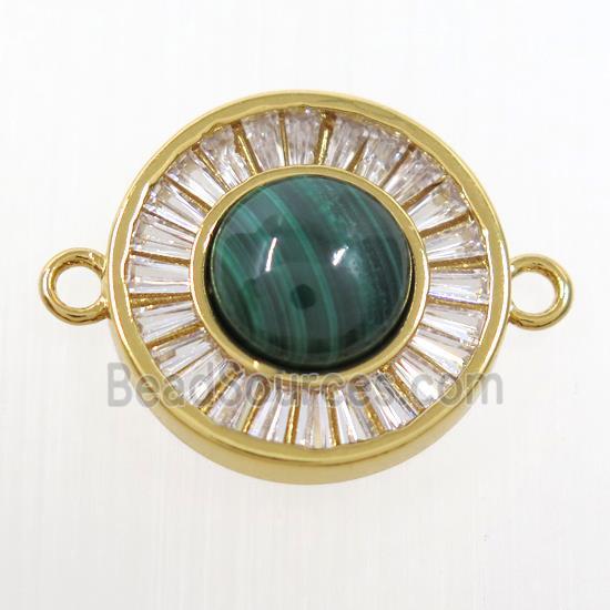 green Malachite circle connector pave zircon, brass, gold plated