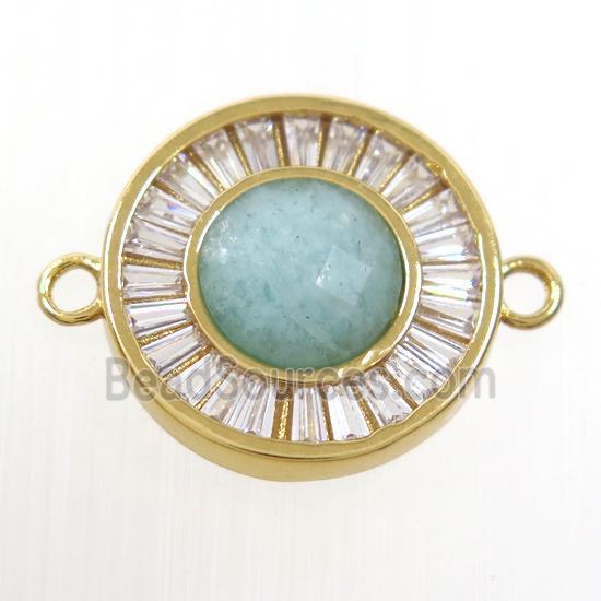 green Amazonite circle connector pave zircon, brass, gold plated