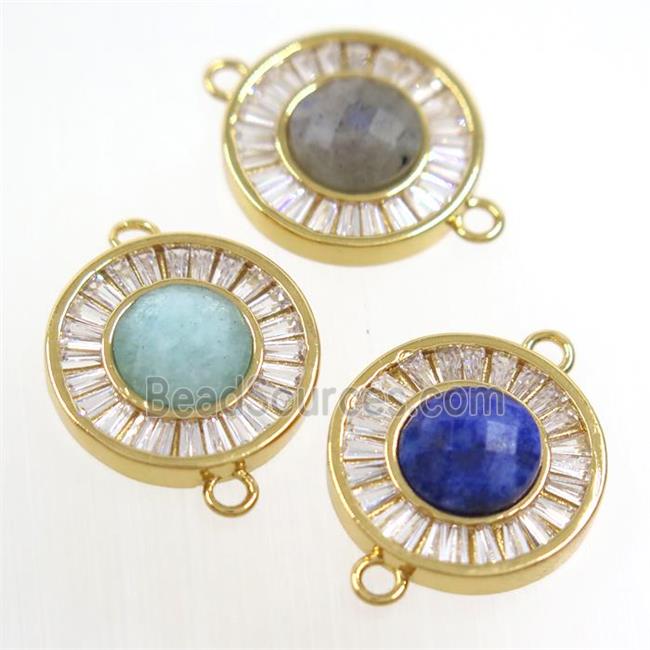 mixed gemstone circle connector pave zircon, brass, gold plated