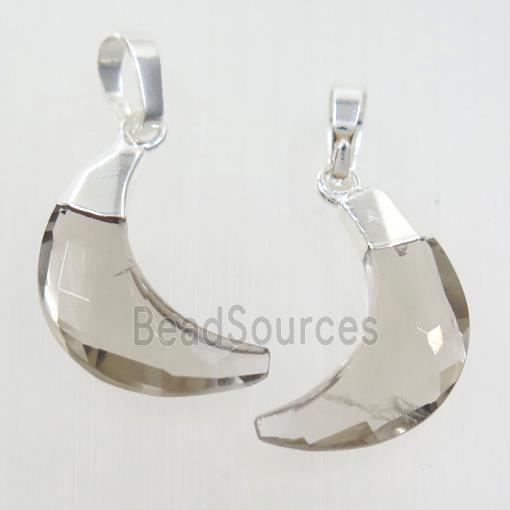 Smoky Quartz crescent pendant, faceted moon, silver plated