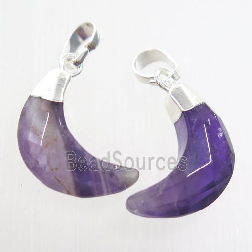 purple Amethyst crescent pendant, faceted moon, silver plated