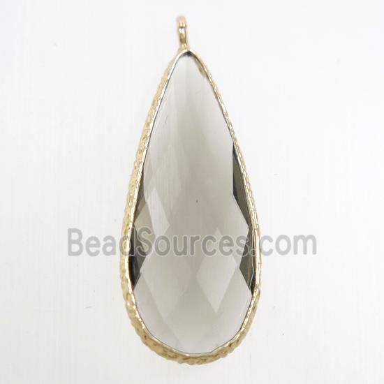 smoky crystal glass pendant, teardrop, gold plated