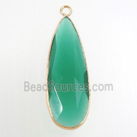 green crystal glass pendant, teardrop, gold plated