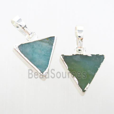 green Amazonite triangle pendant, silver plated