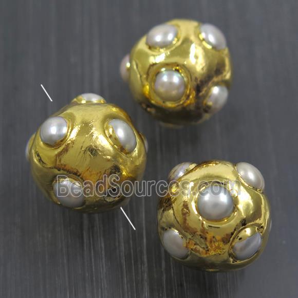 white freshwater Pearl beads, round, gold plated