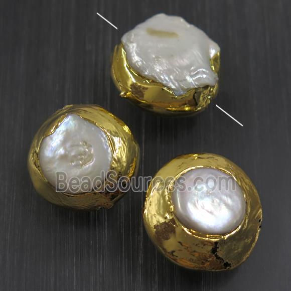 white baroque style Pearl beads, coin, gold plated