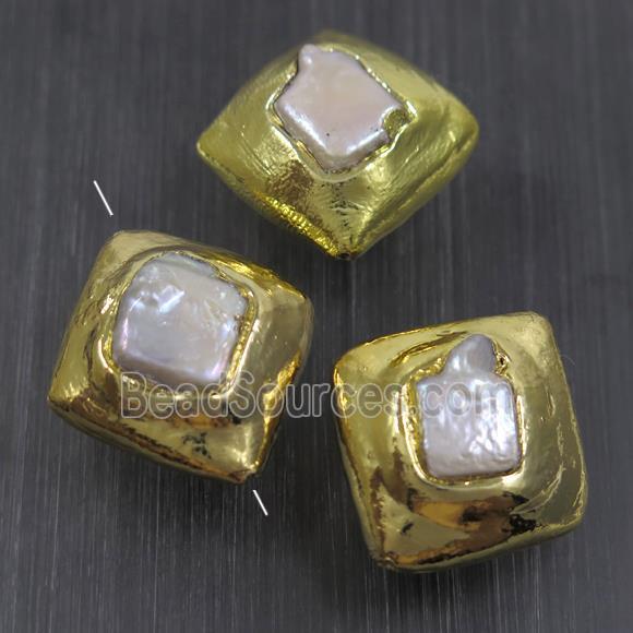 white baroque style Pearl beads, rhombic, gold plated