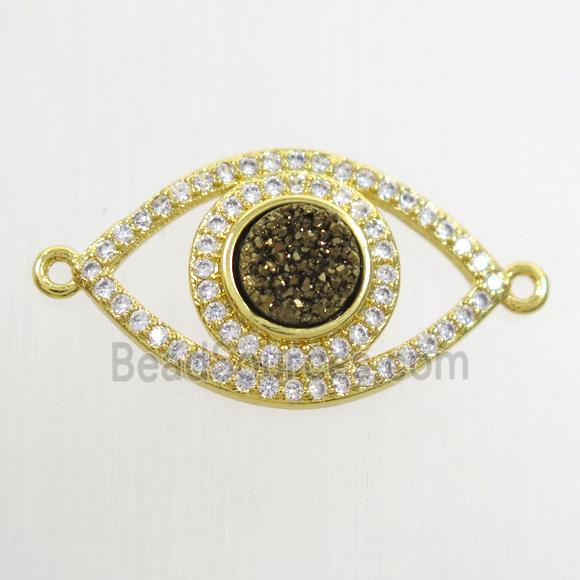 golden druzy quartz eye connector paved zircon, gold plated