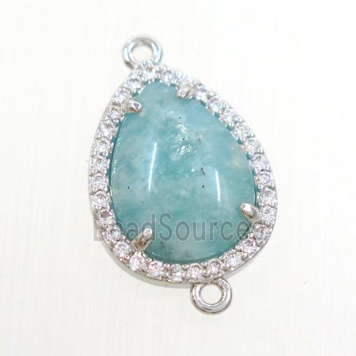 green Amazonite teardrop connector pave zircon, platinum plated