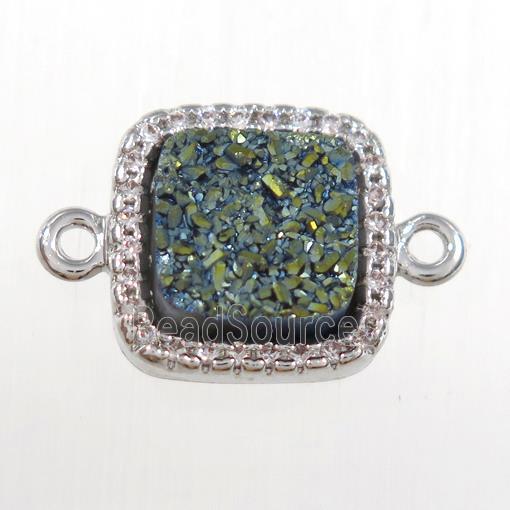 green druzy quartz square connector pave zircon, platinum plated