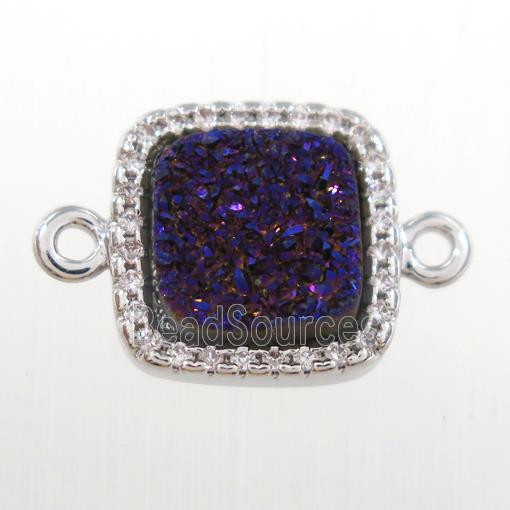 purple druzy quartz square connector pave zircon, platinum plated